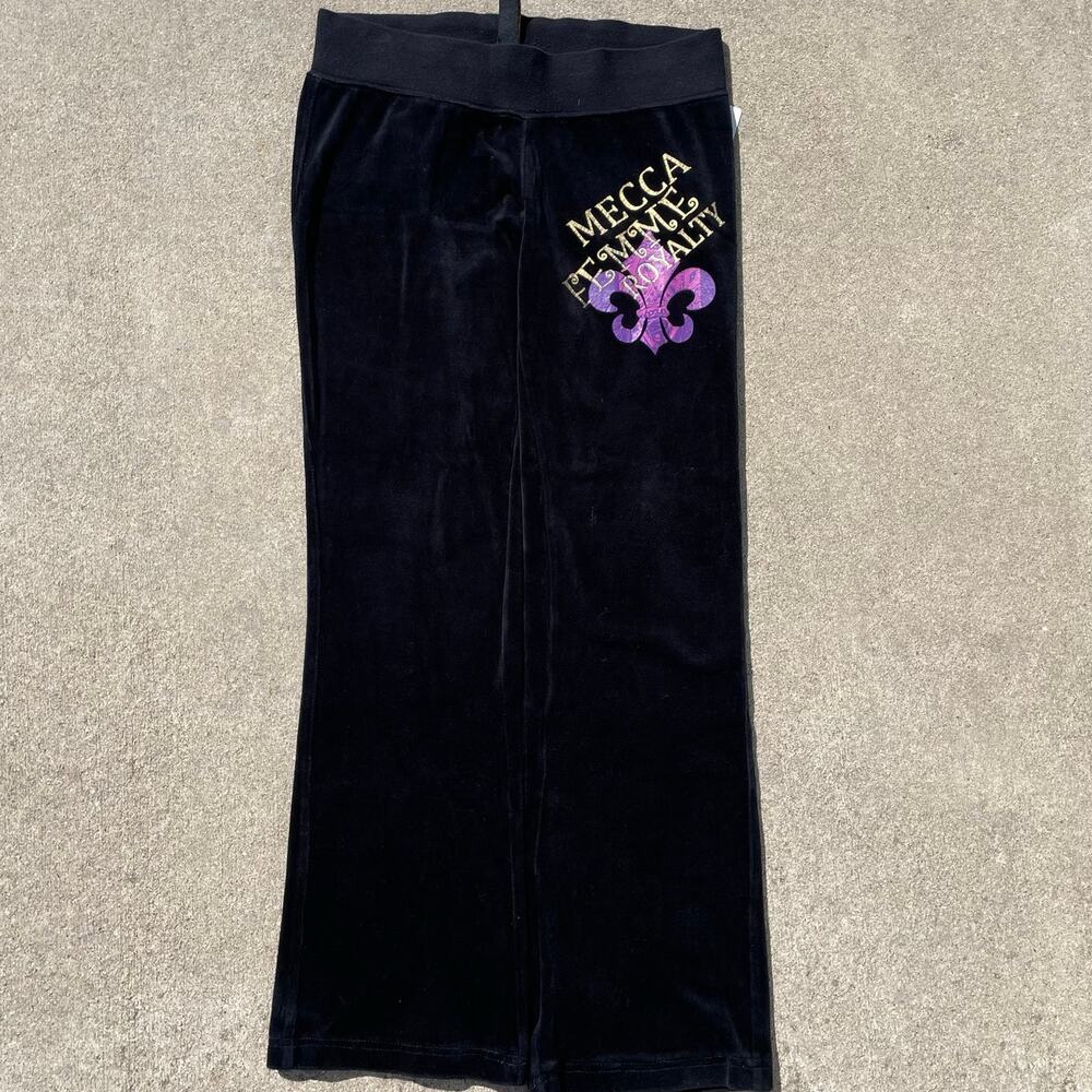 Mecca Femme Velour Track Pants Black Gold Logo Y2K Wide Leg Size M